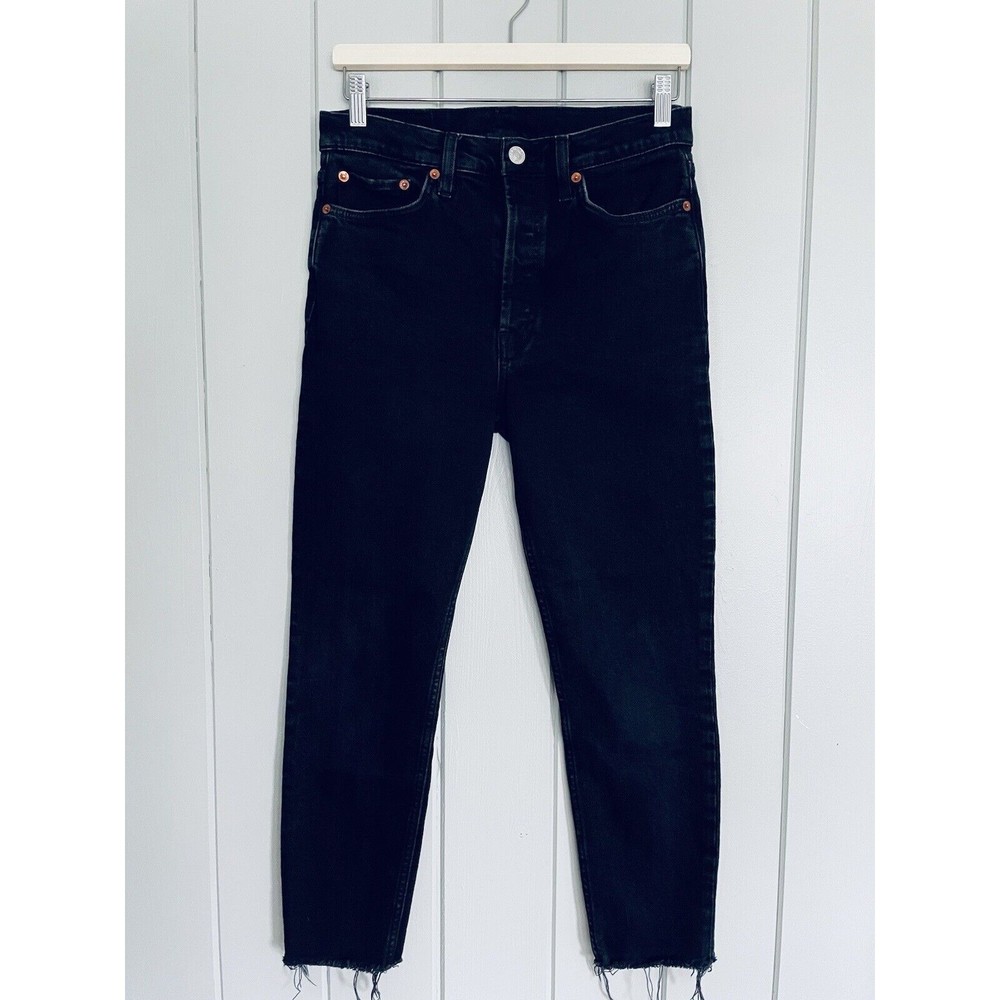 RE/DONE Jeans 29 90s High Rise Ankle Crop Button Fly Raw Hem Black Stretch